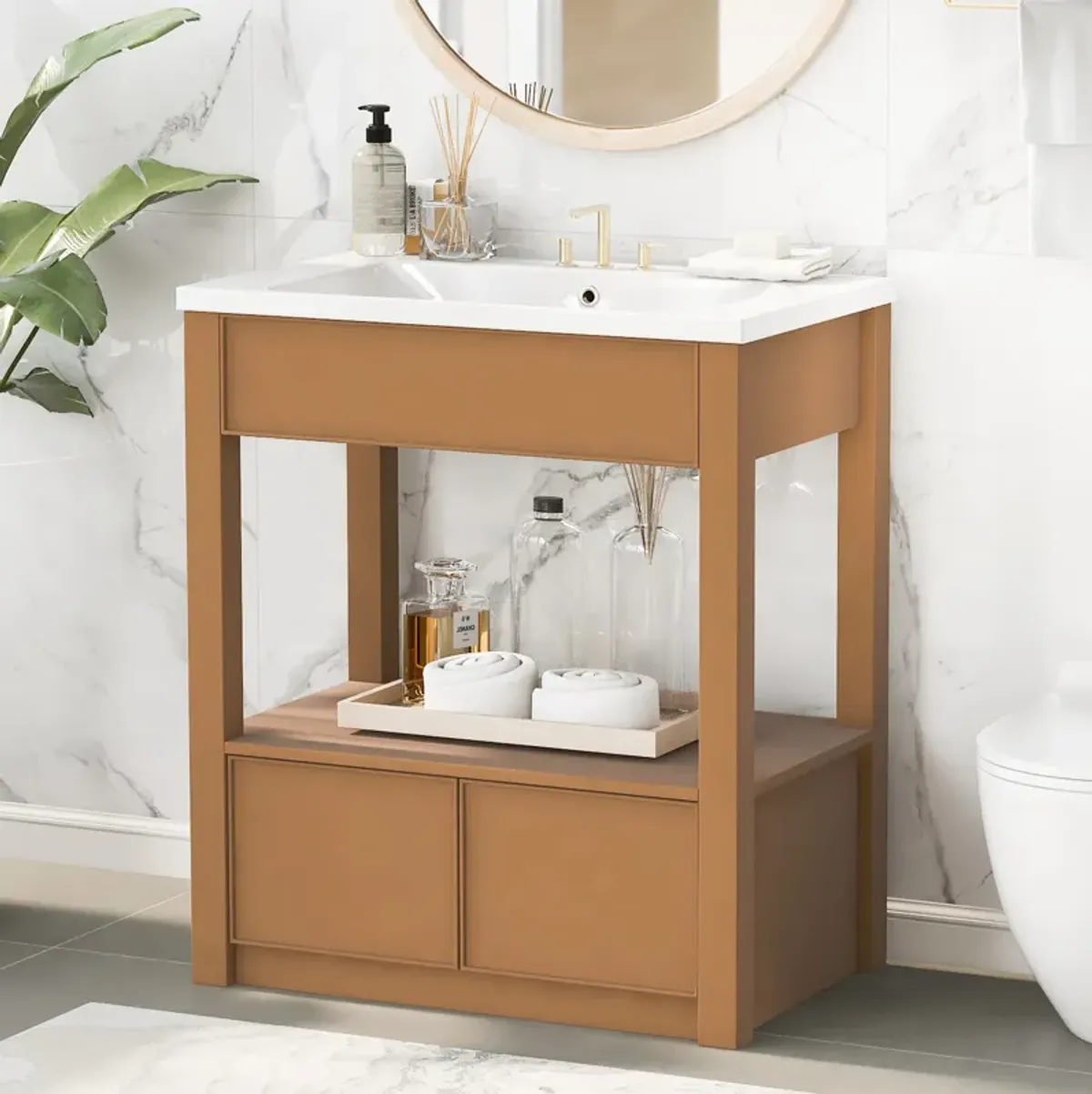 30" Bathroom Vanity with Sink Top, Bathroom Cabinet with Open Storage Shelf and Two Drawers, Brown