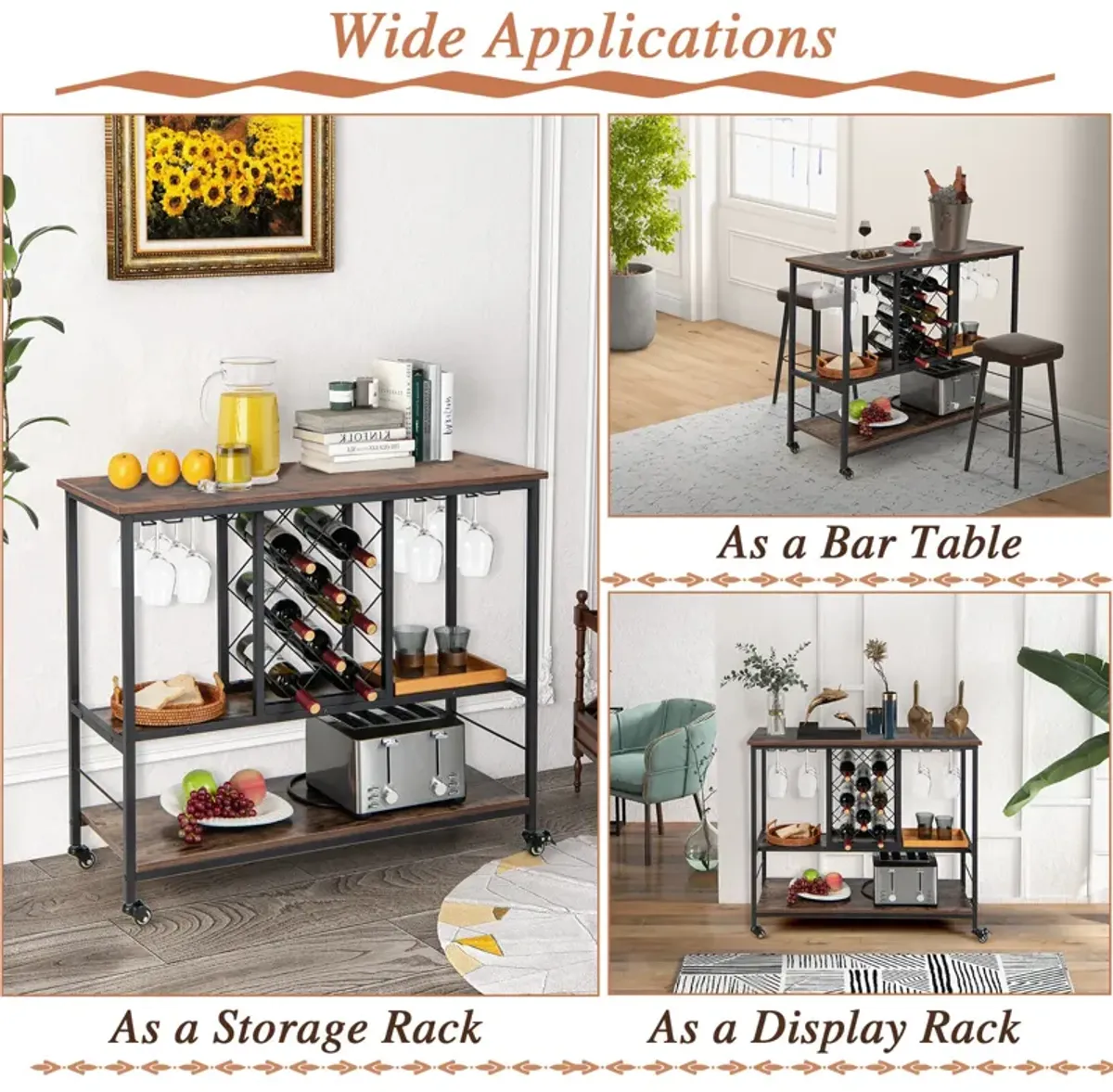 3-Tier Wine Bar Cabinet wit 8 Bottles Rack and 12 Glasses Hanger-Rustic Brown