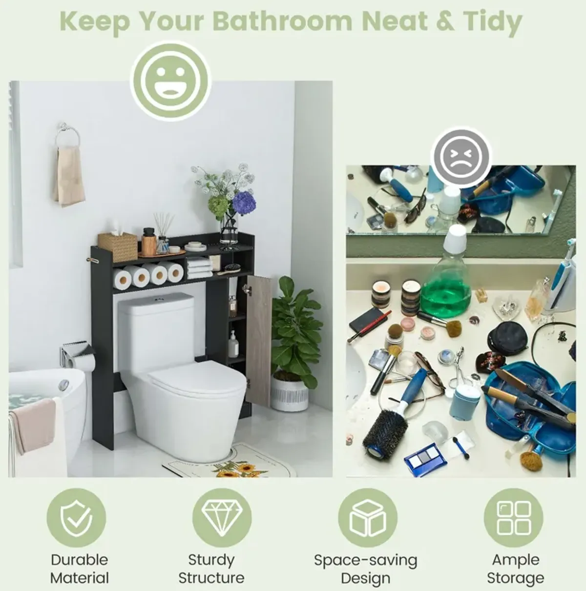 Costway Over the Toilet Bathroom Cabinet Floor Storage Organizer with Adjustable Shelves White