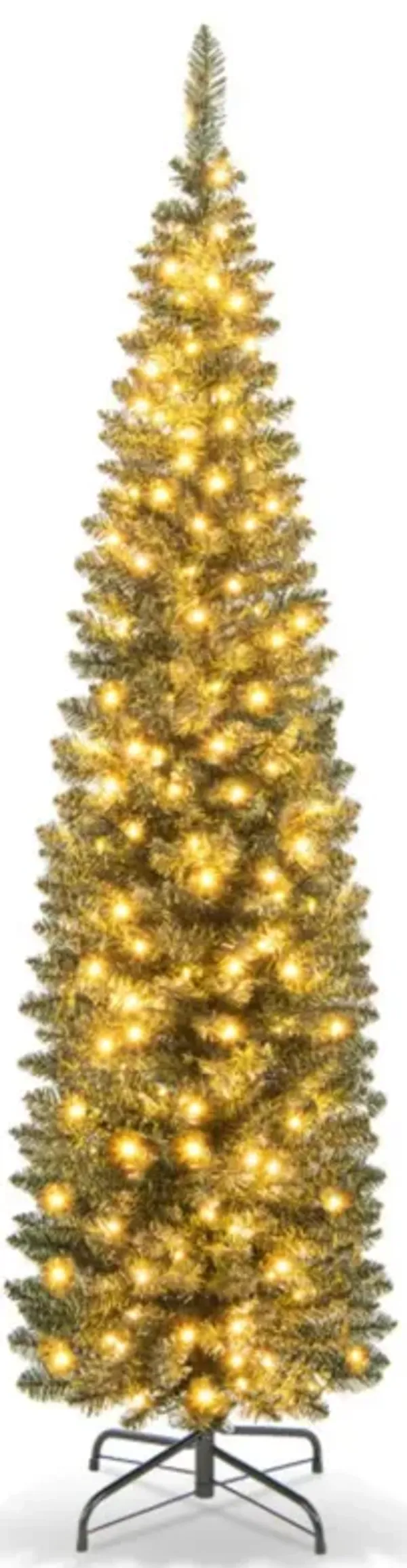Hivvago 5/6/7/8/9 Feet Pre-lit Pencil Artificial Christmas Tree with 150/180/200//300/400 Warm White LED Lights