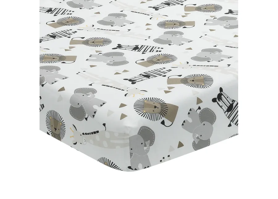 Lambs & Ivy Jungle Safari Cotton White/Gray Elephant/Lion Fitted Mini Crib Sheet