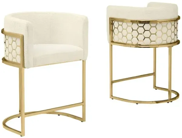 Honeycomb back barrel chair in Cream with gold base, Set of 2