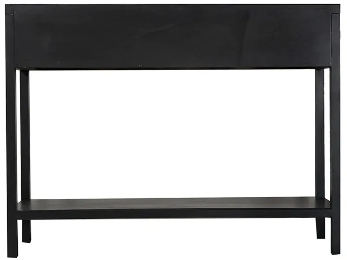 Dana 39 Inch Sofa Console Table, 2 Rattan Drawers, Black Finish, Brown-Benzara