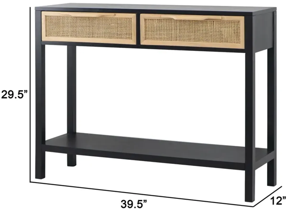 Dana 39 Inch Sofa Console Table, 2 Rattan Drawers, Black Finish, Brown-Benzara