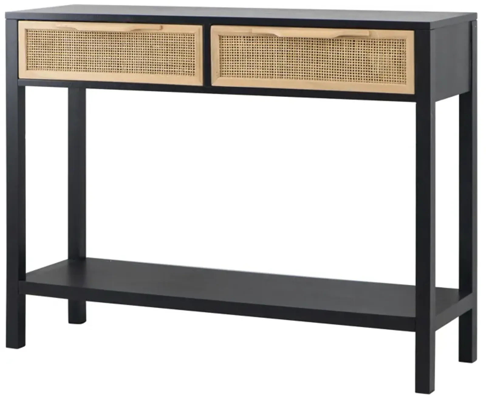 Dana 39 Inch Sofa Console Table, 2 Rattan Drawers, Black Finish, Brown-Benzara