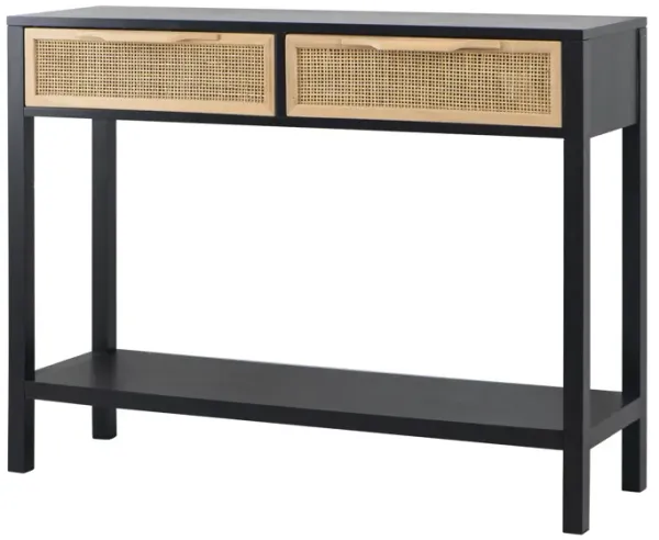 Dana 39 Inch Sofa Console Table, 2 Rattan Drawers, Black Finish, Brown