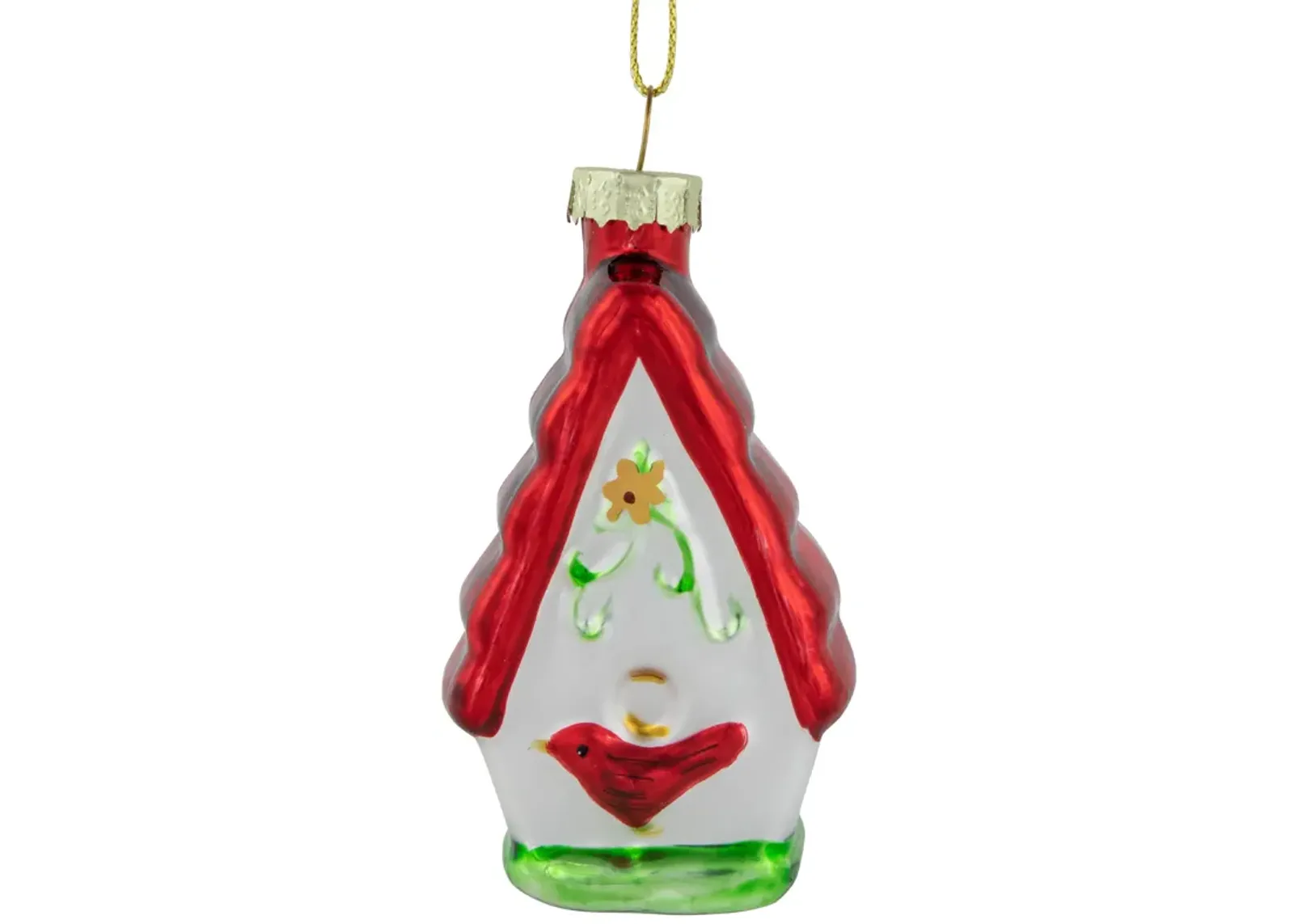 3.25" Red and White Birdhouse with Cardinal Glass Christmas Ornament