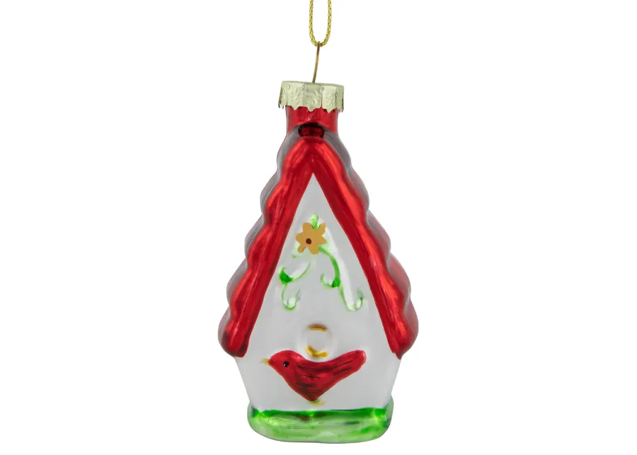 3.25" Red and White Birdhouse with Cardinal Glass Christmas Ornament