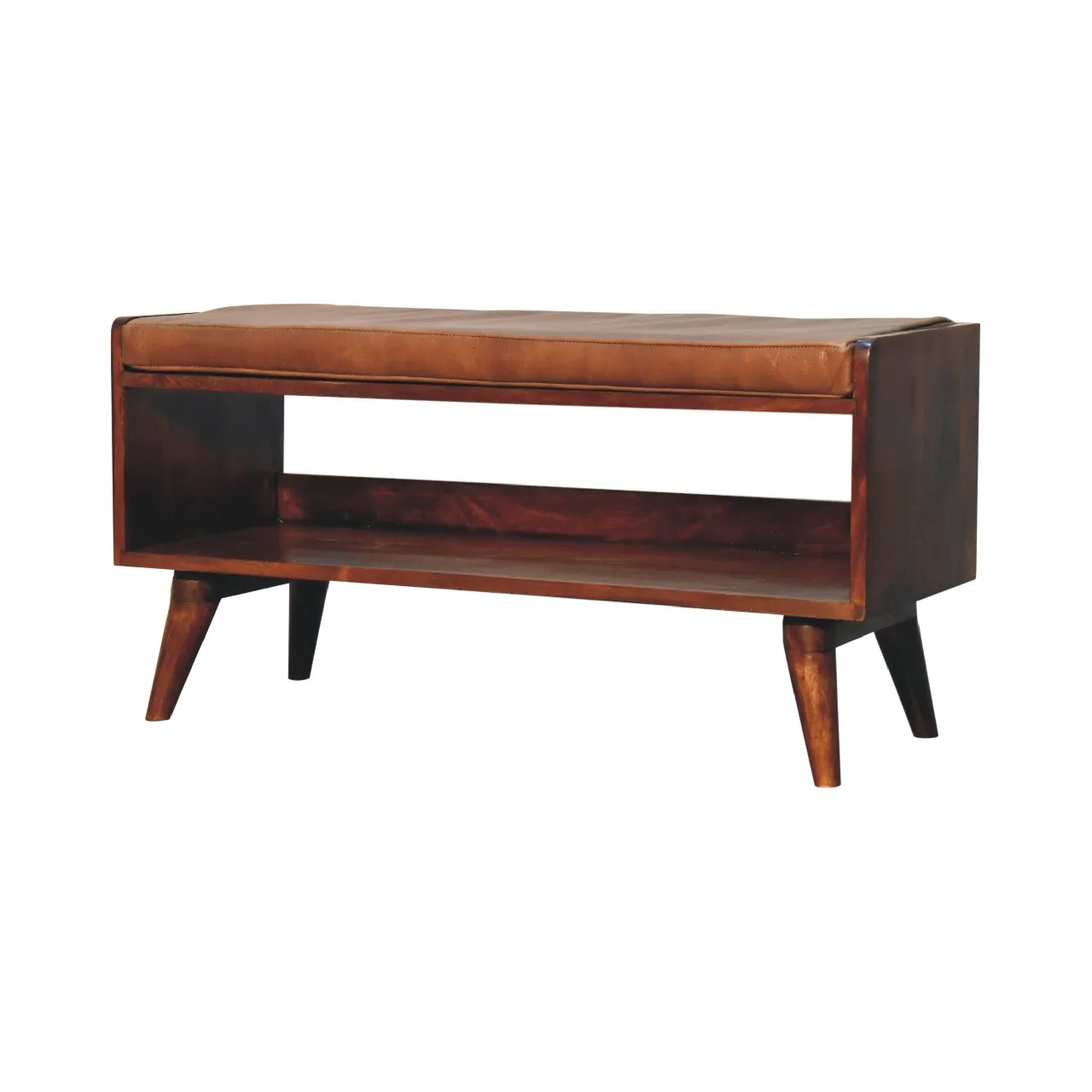 Artisan Furniture Chestnut Bench with Brown Leather  Solid Wood Seatpad