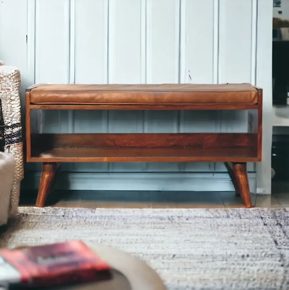 Artisan Furniture Chestnut Bench with Brown Leather  Solid Wood Seatpad