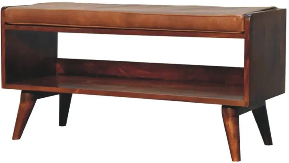 Artisan Furniture Chestnut Bench with Brown Leather  Solid Wood Seatpad