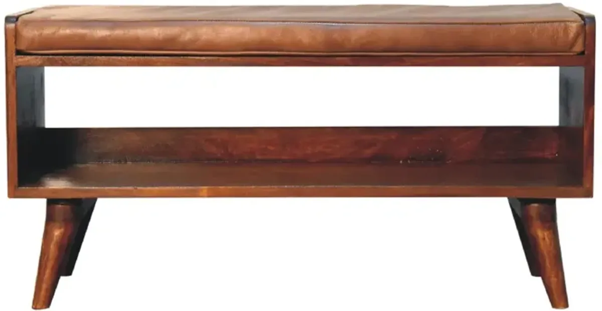 Artisan Furniture Chestnut Bench with Brown Leather  Solid Wood Seatpad