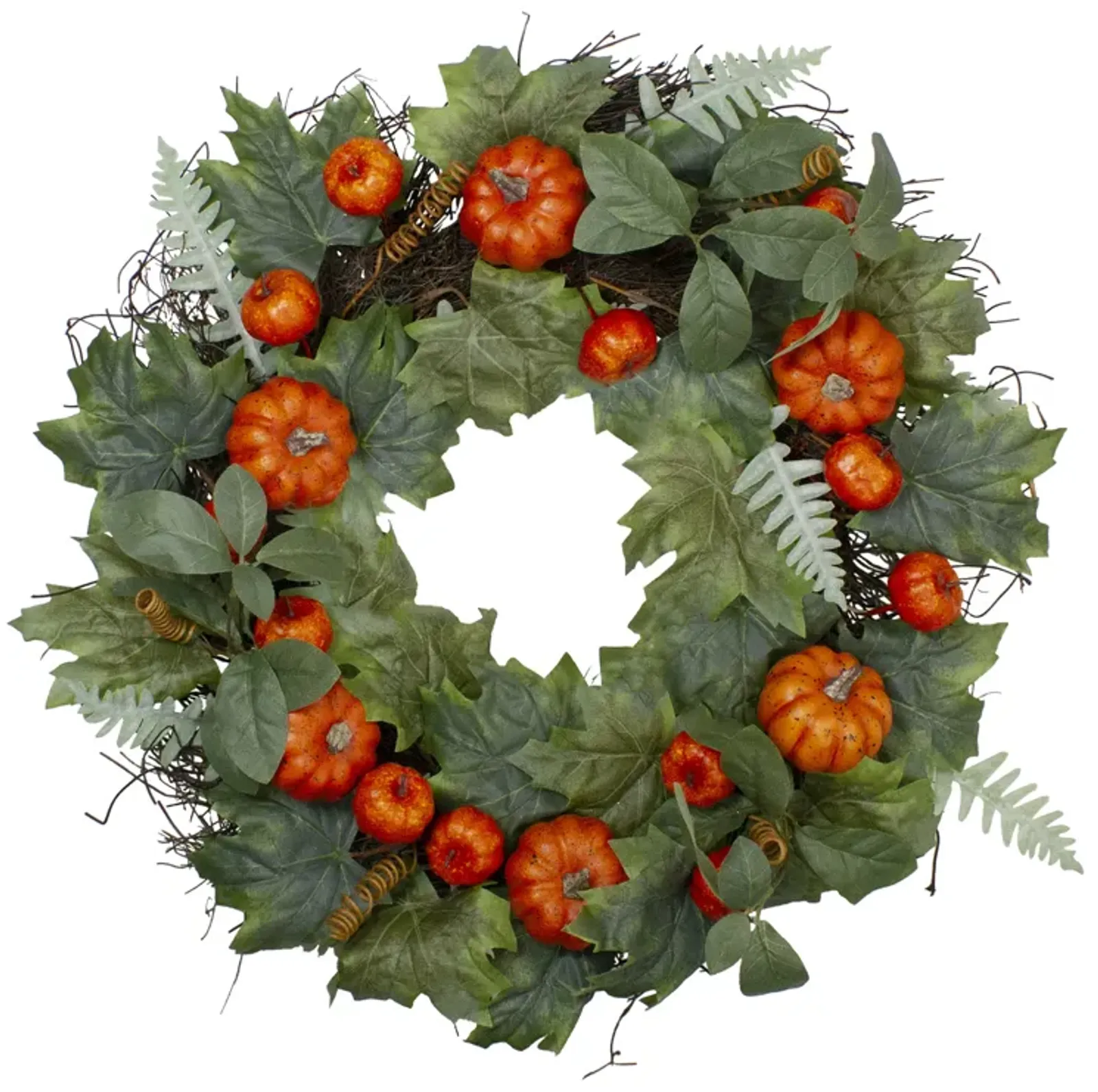 Maple and Fern Leaves with Pumpkins Artificial Wreath  Orange 24-Inch