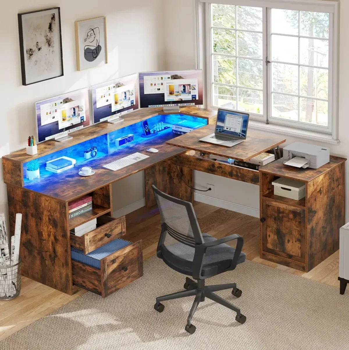 YITAHOME L Shaped Desk with Power Outlets & LED Lights, 60Corner Computer Desk with Drawers & Lift Top, Home Office Desk with Mo