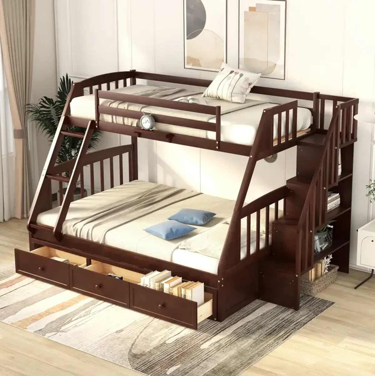 Twin-Over-Full Bunk Bed With Drawers, Ladder And Storage Staircase