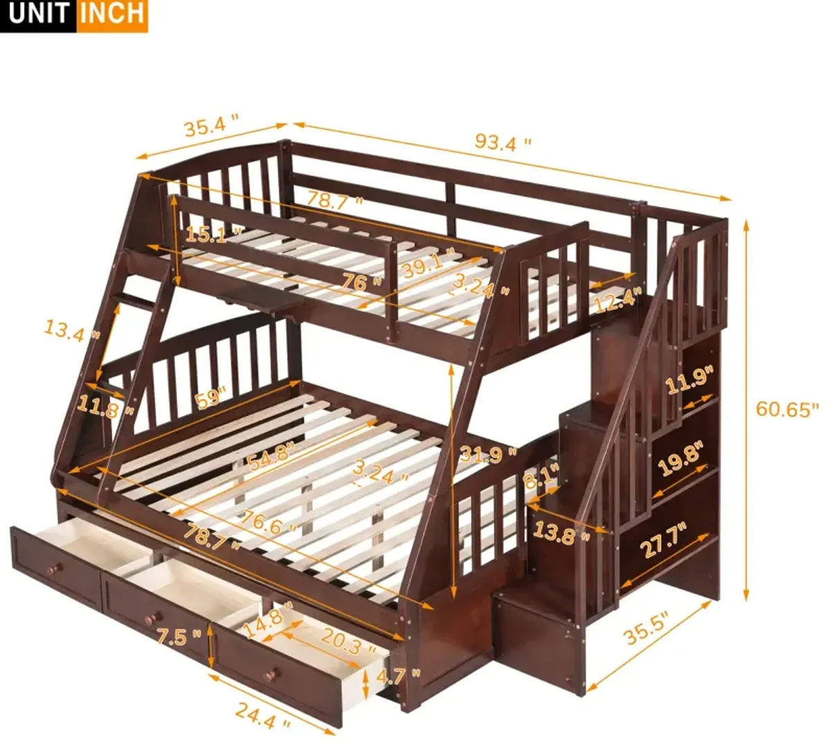 Twin-Over-Full Bunk Bed With Drawers, Ladder And Storage Staircase