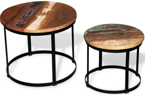 vidaXL Two Piece Coffee Table Set Solid Reclaimed Wood Round 19.7"