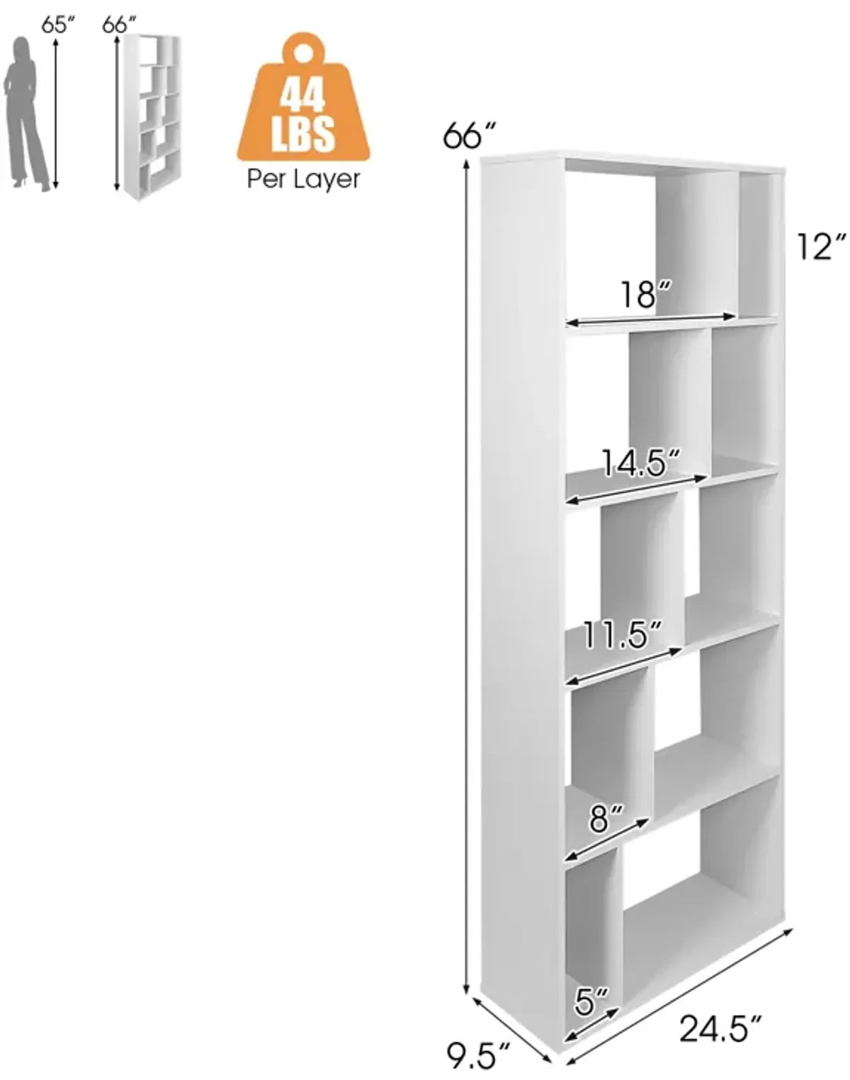 66 Inch Tall 5 Tiers Wood Bookshelf with 10 Open Compartments-White