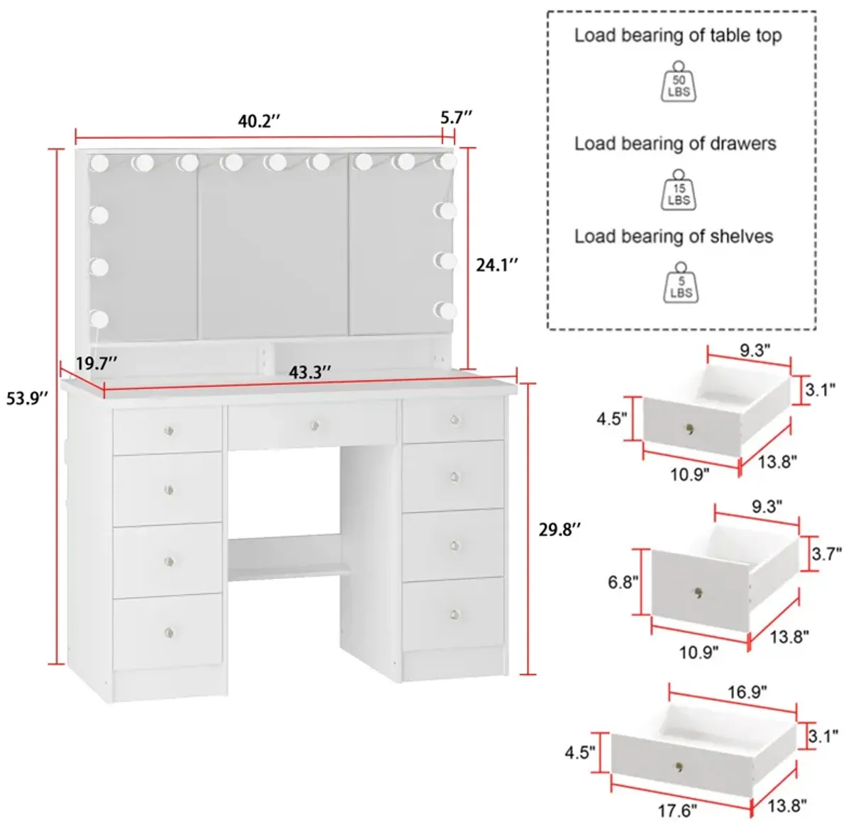 White Modern Makeup Vanity Desk 9 Drawers Wood Dressing Table With 3 Mirrors, Hidden Storage Shelves, LED Bulb Lights