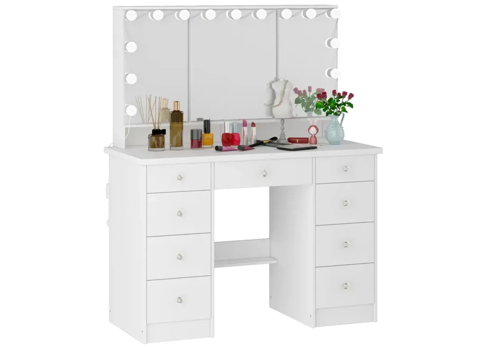 White Modern Makeup Vanity Desk 9 Drawers Wood Dressing Table With 3 Mirrors, Hidden Storage Shelves, LED Bulb Lights