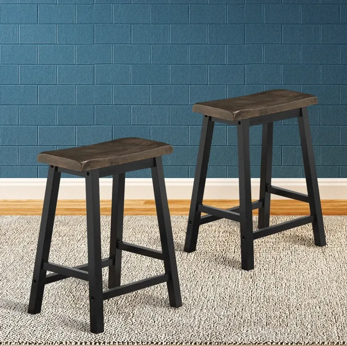 24 Inch Set of 2 Wood Counter Backless Height Saddle Stools for Kitchen and Pub