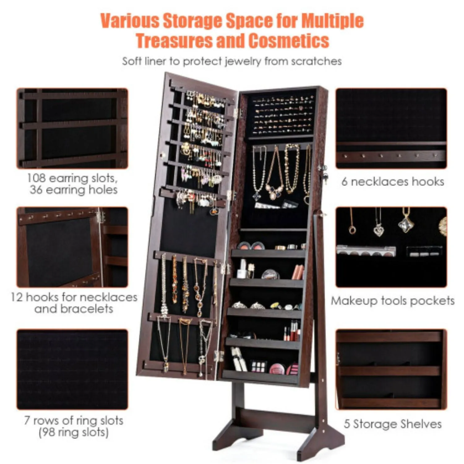 Jewelry Cabinet Stand Mirror Armoire with Large Storage Box