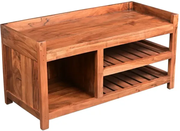 36 Inch Handcrafted Entryway Acacia Wood Bench, Two Slatted Shelves, One Compartment, Brown-Benzara