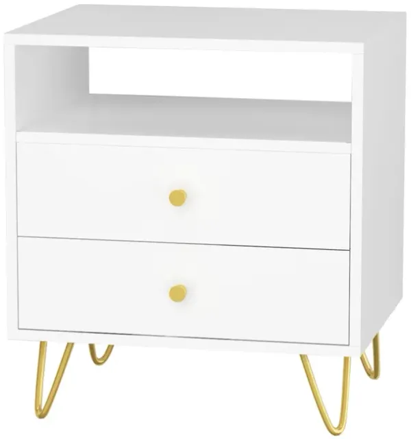 2-Drawer White Nightstands With Metal Legs and Open Shelf, Side Table Bedside Table 15.7 in. D x 19.6 in. W x 21.6 in. H