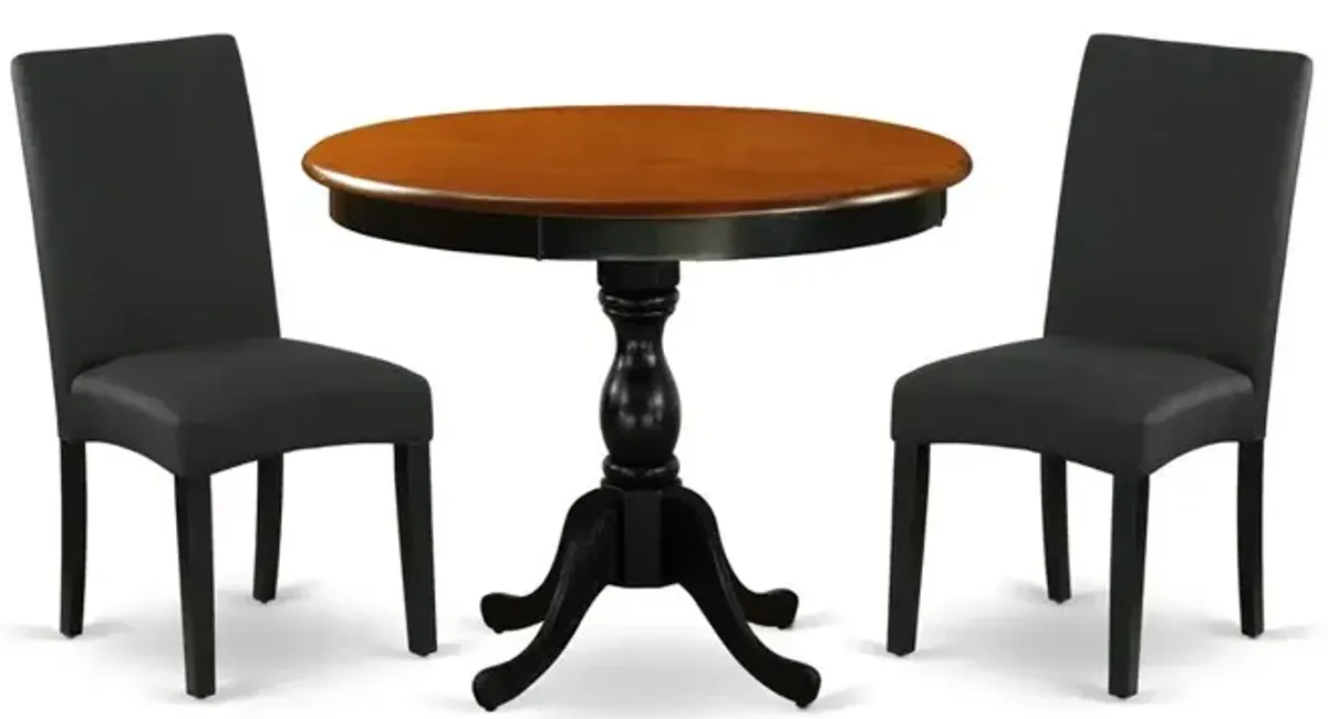 East West Furniture 3-Pc Dinner Table Set Contains a Round Dining Room Table and 2 Black Linen Fabric Parsons Chairs with High Back - Black Finish