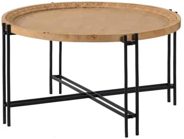32 Inch Fir Wood Coffee Table, Intersecting Metal Legs, Brown and Black