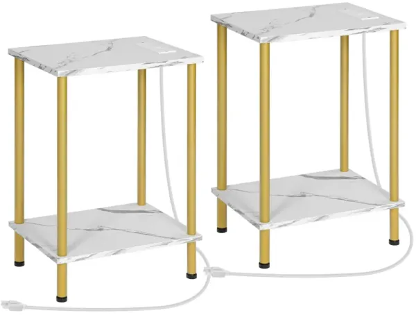 HOOBRO Side Table with Charging Station, End Table with USB Ports and Outlet, Nightstand with 2-Layer Storage Shelves for Small