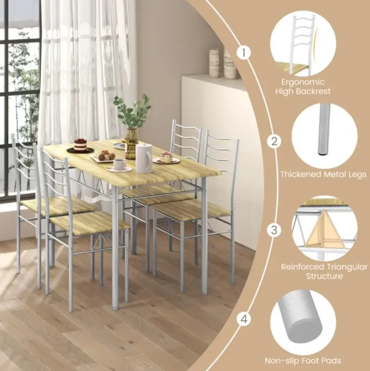 Hivvago 5 Pieces Wood Metal Dining Table Set with 4 Chairs