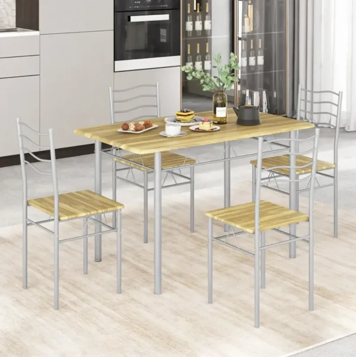 Hivvago 5 Pieces Wood Metal Dining Table Set with 4 Chairs