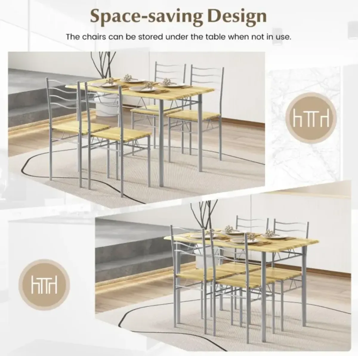 Hivvago 5 Pieces Wood Metal Dining Table Set with 4 Chairs