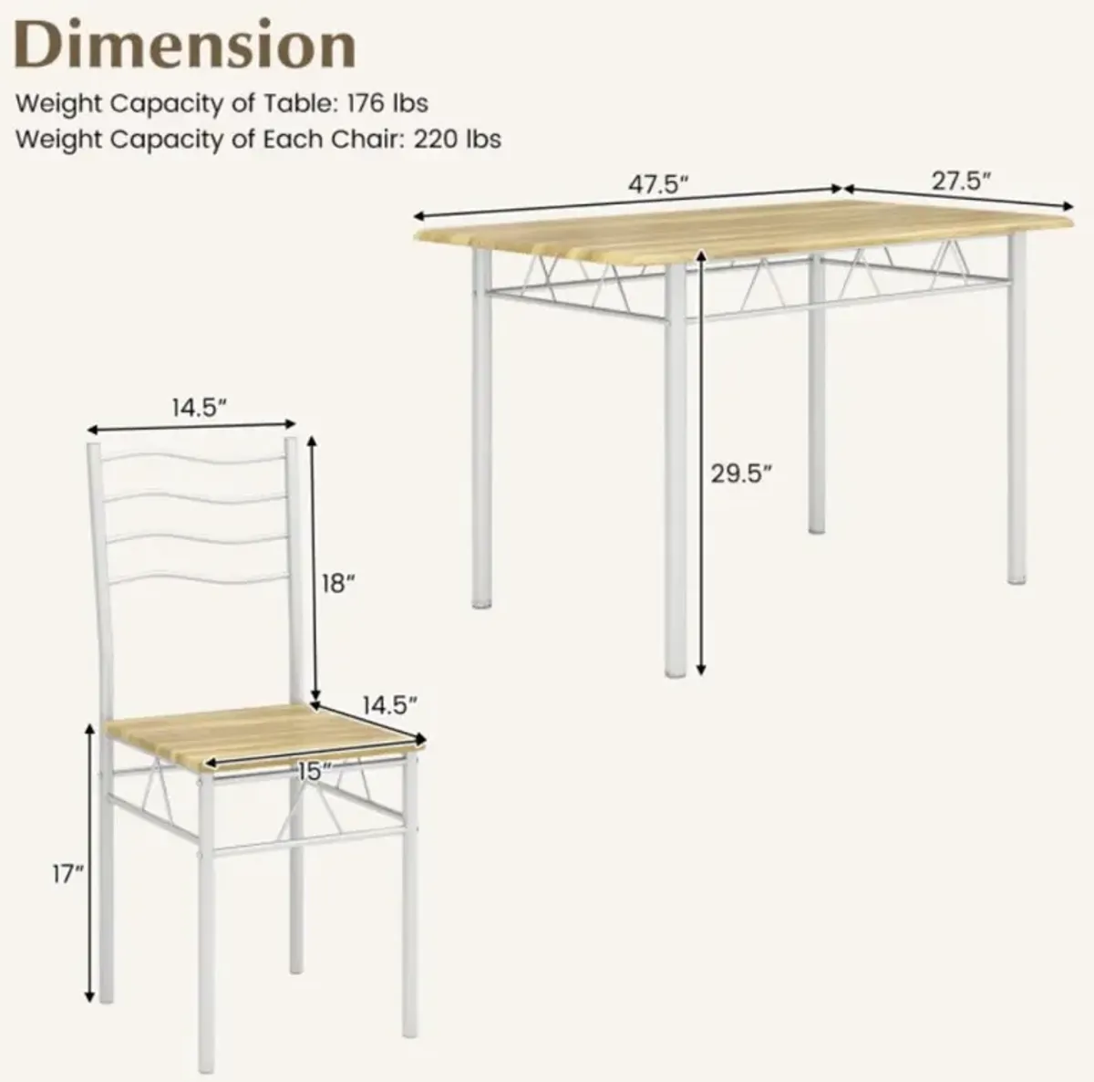 Hivvago 5 Pieces Wood Metal Dining Table Set with 4 Chairs