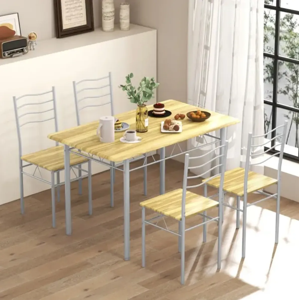 Hivvago 5 Pieces Wood Metal Dining Table Set with 4 Chairs