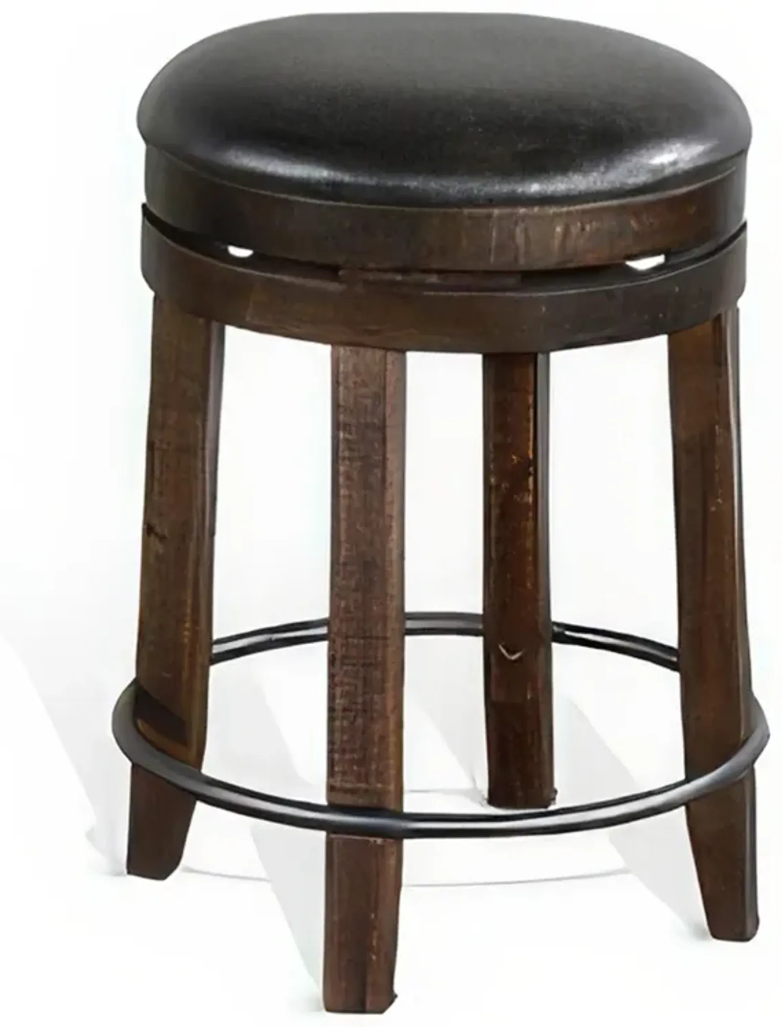 Flint Swivel Counter Stool Set of 2, Black Faux Leather, Dark Brown - Benzara