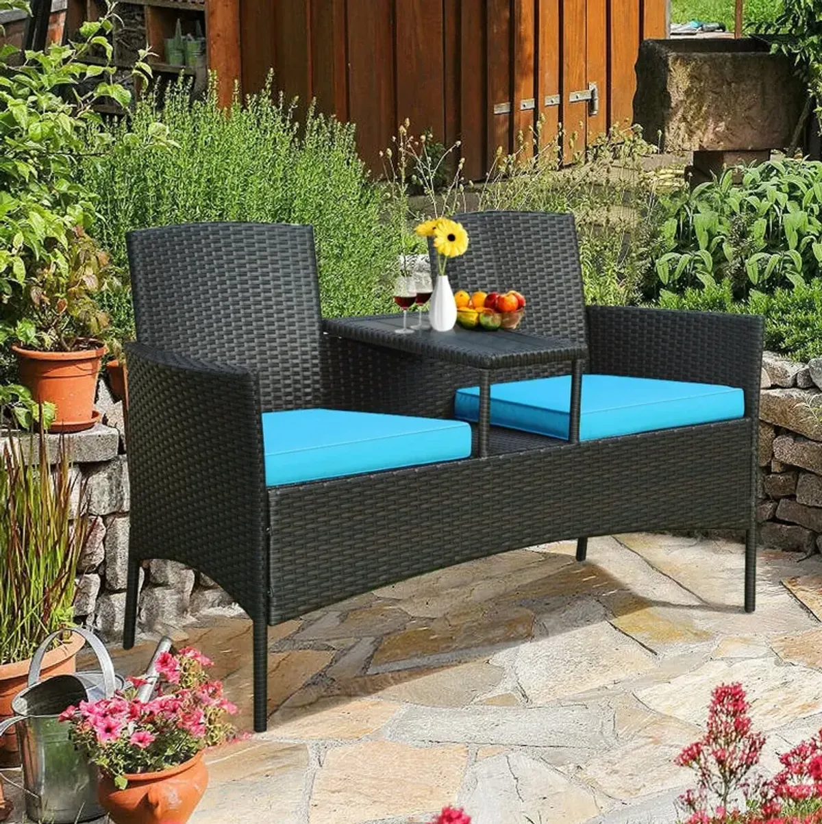 Modern Patio Conversation Set with Built-in Coffee Table and Cushions