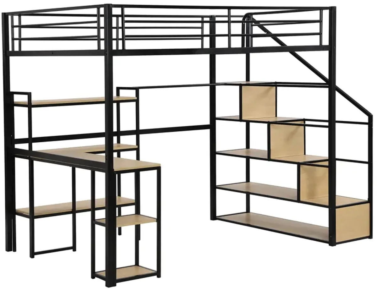 Whisen Full Size Metal Loft bed with Staircase and Built-in Desk and Shelves - Black