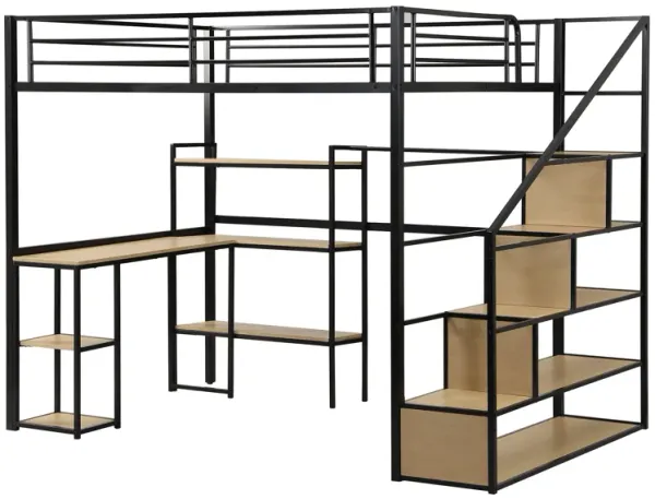 Whisen Full Size Metal Loft bed with Staircase and Built-in Desk and Shelves - Black