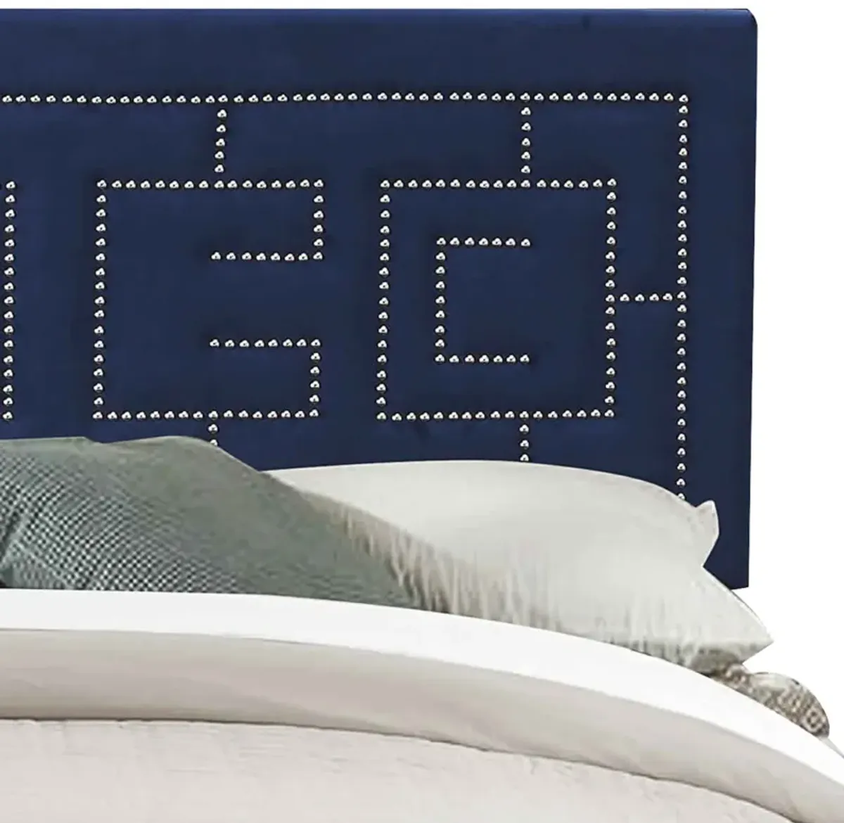 Fabric Eastern King Bed with Geometric Pattern Nailhead Trims, Blue-Benzara