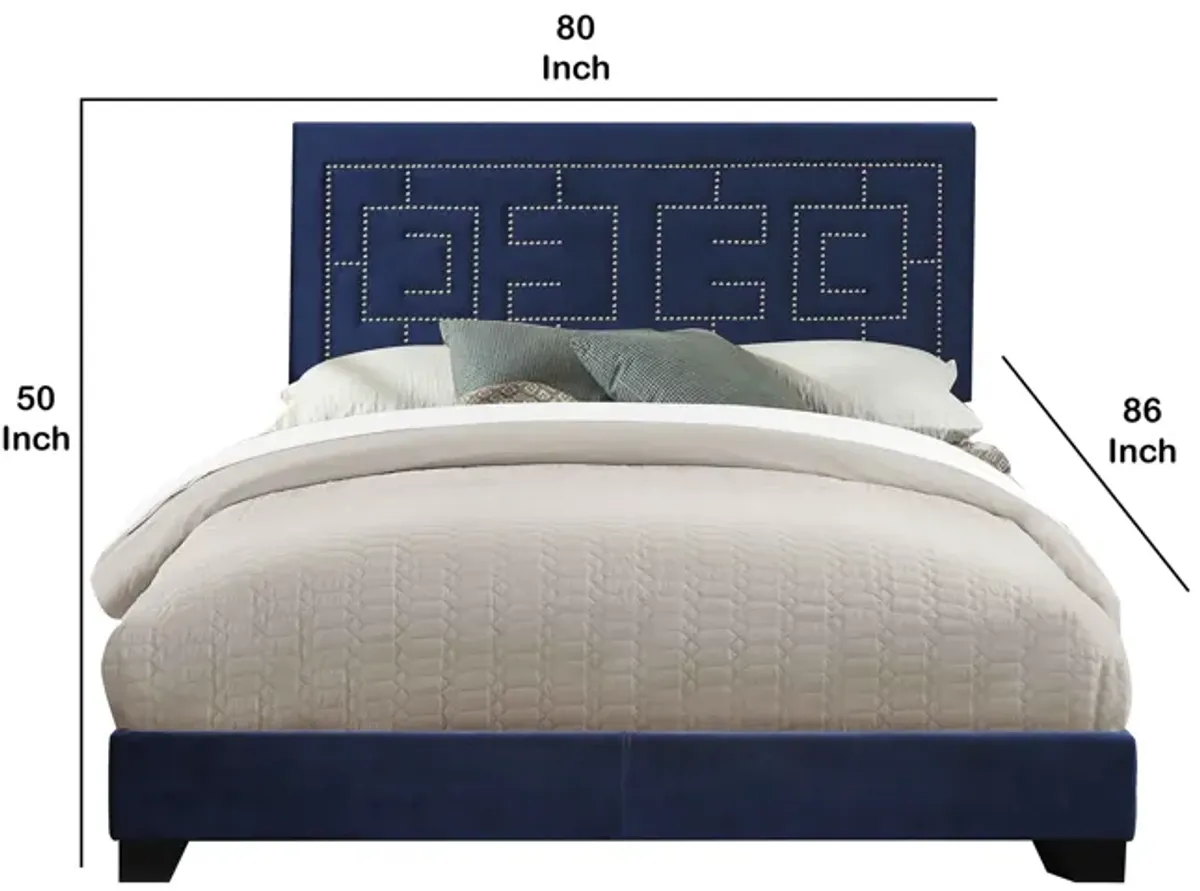 Fabric Eastern King Bed with Geometric Pattern Nailhead Trims, Blue-Benzara