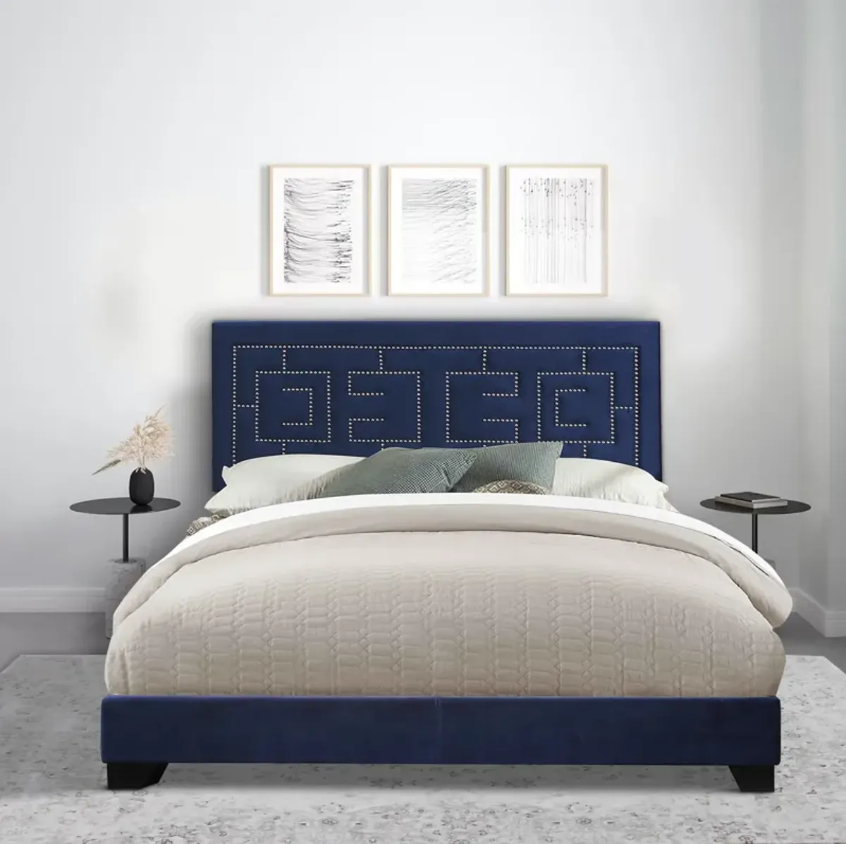 Fabric Eastern King Bed with Geometric Pattern Nailhead Trims, Blue-Benzara