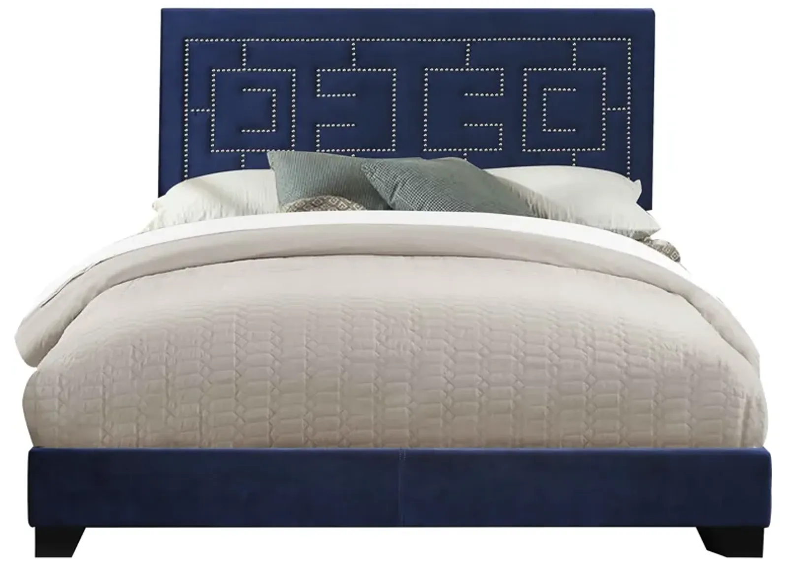 Fabric Eastern King Bed with Geometric Pattern Nailhead Trims, Blue-Benzara