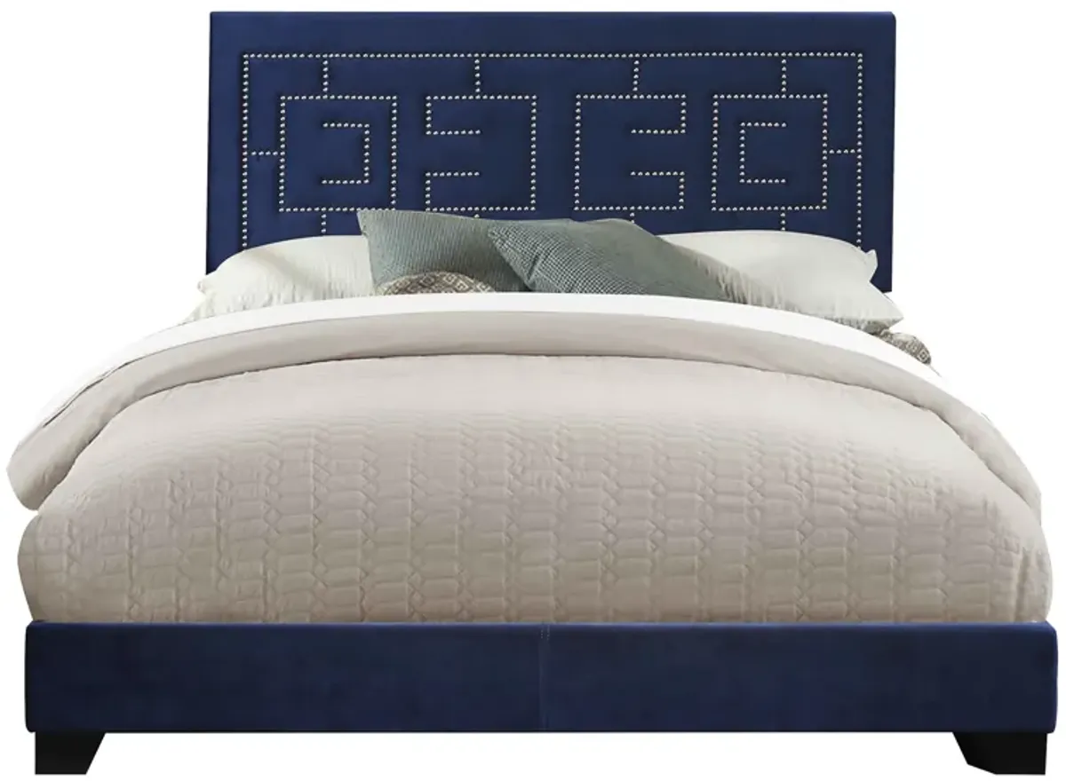 Fabric Eastern King Bed with Geometric Pattern Nailhead Trims, Blue-Benzara