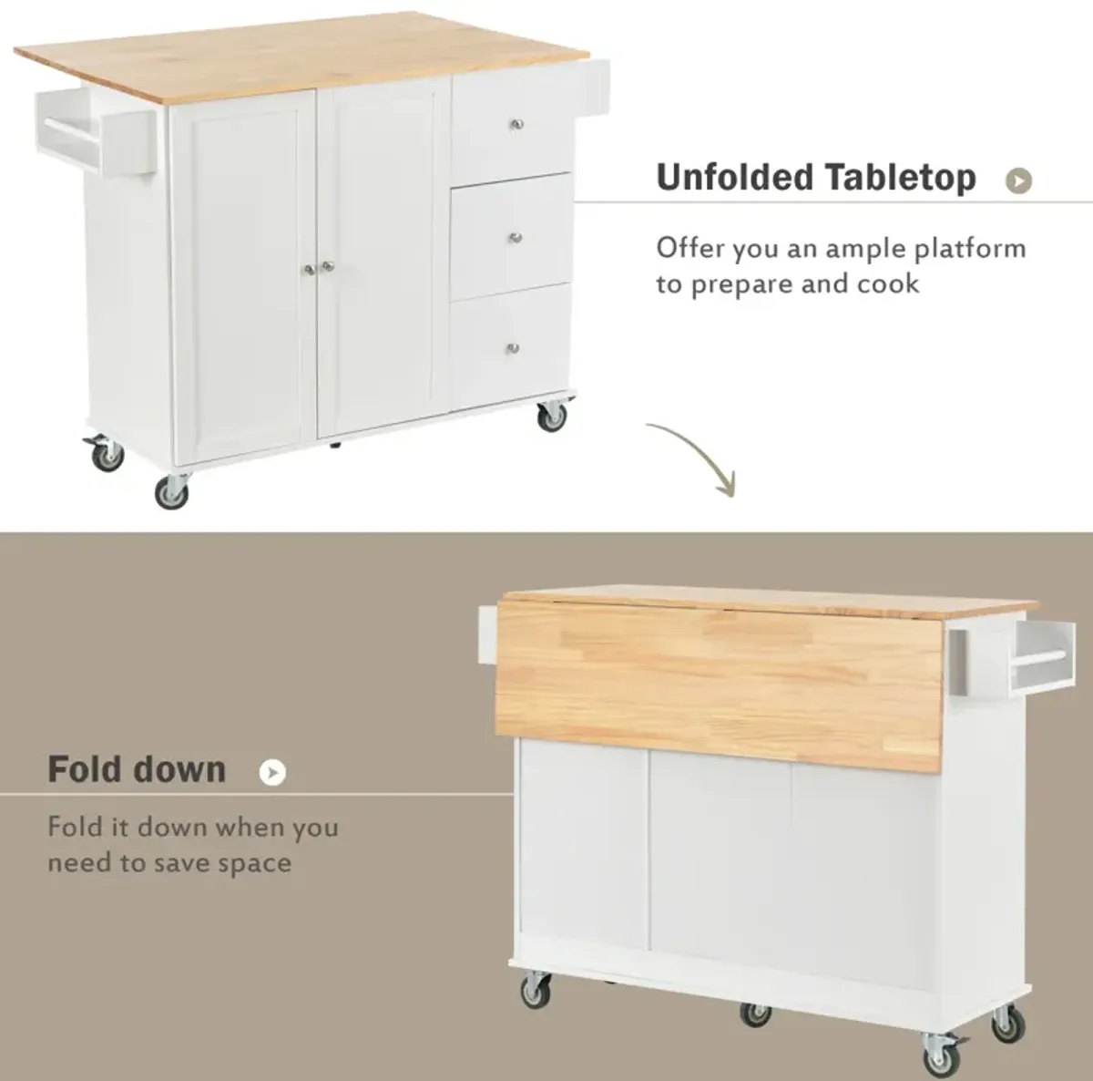 Mobile Kitchen Island, Solid Wood Top, Locking Wheels