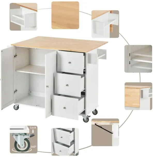 Streamdale Mobile Kitchen Island, Solid Wood Top, Locking Wheels