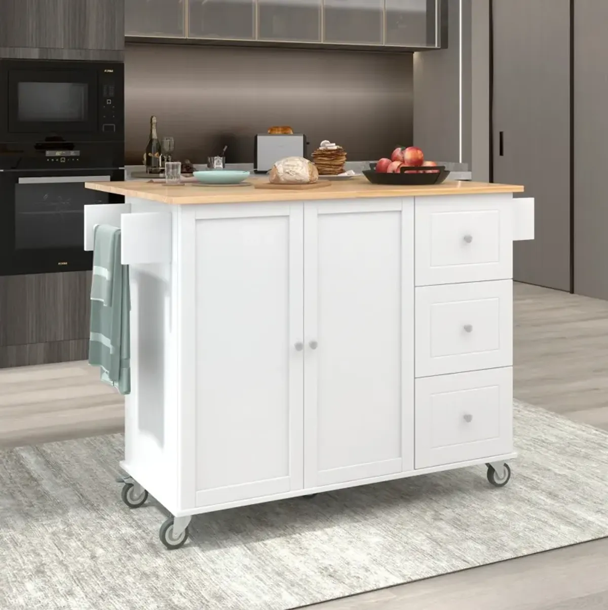 Mobile Kitchen Island, Solid Wood Top, Locking Wheels