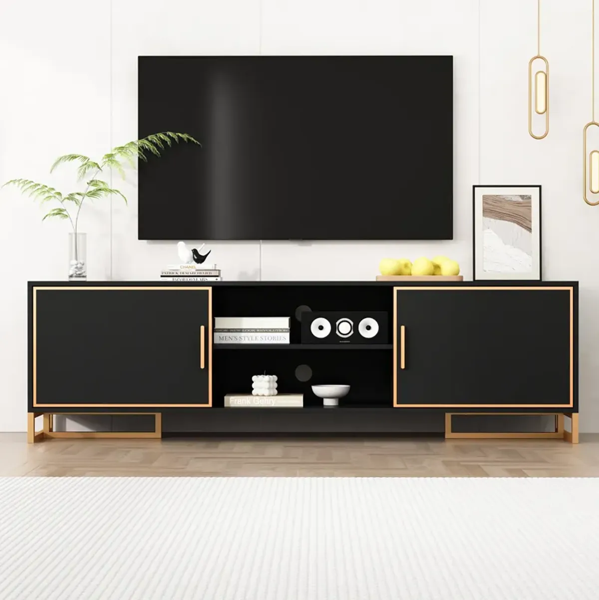 FUFU&GAGA Modern Black TV Stand with Gold Trim, Metal Handles & Base – Entertainment Center for TVs up to 75" (70.9"W x 15.7"D x 20.9"H), Black