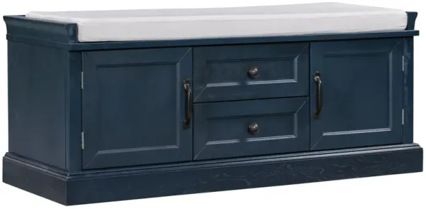 Gewnee Storage Bench with 2 Drawers and 2 Cabinets, Shoe Bench with Removable Cushion for Living Room, Entryway (Antique Navy)